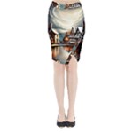 Village Reflections Snow Sky Dramatic Town House Cottages Pond Lake City Midi Wrap Pencil Skirt