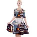 Village Reflections Snow Sky Dramatic Town House Cottages Pond Lake City Quarter Sleeve A-Line Dress