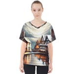 Village Reflections Snow Sky Dramatic Town House Cottages Pond Lake City V-Neck Dolman Drape Top