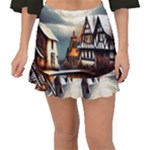 Village Reflections Snow Sky Dramatic Town House Cottages Pond Lake City Fishtail Mini Chiffon Skirt