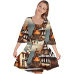 Village Reflections Snow Sky Dramatic Town House Cottages Pond Lake City Velour Kimono Dress