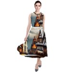 Village Reflections Snow Sky Dramatic Town House Cottages Pond Lake City Round Neck Boho Dress