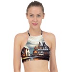 Village Reflections Snow Sky Dramatic Town House Cottages Pond Lake City Halter Bikini Top