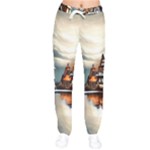 Village Reflections Snow Sky Dramatic Town House Cottages Pond Lake City Women Velvet Drawstring Pants