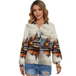 Village Reflections Snow Sky Dramatic Town House Cottages Pond Lake City Women s Long Sleeve Button Up Shirt