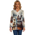 Village Reflections Snow Sky Dramatic Town House Cottages Pond Lake City Long Sleeve Drawstring Hooded Top