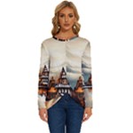 Village Reflections Snow Sky Dramatic Town House Cottages Pond Lake City Long Sleeve Crew Neck Pullover Top
