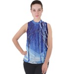 Landscape Outdoors Greeting Card Snow Forest Woods Nature Path Trail Santa s Village Mock Neck Chiffon Sleeveless Top