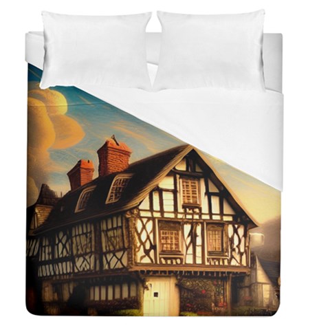 Village House Cottage Medieval Timber Tudor Split timber Frame Architecture Town Twilight Chimney Duvet Cover (Queen Size) from ArtsNow.com
