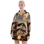 Village House Cottage Medieval Timber Tudor Split timber Frame Architecture Town Twilight Chimney Women s Long Sleeve Casual Dress