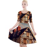 Village House Cottage Medieval Timber Tudor Split timber Frame Architecture Town Twilight Chimney Quarter Sleeve A-Line Dress