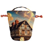 Village House Cottage Medieval Timber Tudor Split timber Frame Architecture Town Twilight Chimney Drawstring Bucket Bag