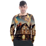 Village House Cottage Medieval Timber Tudor Split timber Frame Architecture Town Twilight Chimney Men s Long Sleeve Raglan T-Shirt