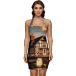 Village House Cottage Medieval Timber Tudor Split timber Frame Architecture Town Twilight Chimney Sleeveless Wide Square Neckline Ruched Bodycon Dress