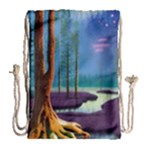 Artwork Outdoors Night Trees Setting Scene Forest Woods Light Moonlight Nature Drawstring Bag (Large)