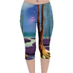 Artwork Outdoors Night Trees Setting Scene Forest Woods Light Moonlight Nature Velvet Capri Leggings 