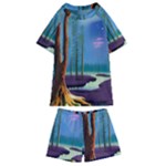 Artwork Outdoors Night Trees Setting Scene Forest Woods Light Moonlight Nature Kids  Swim T-Shirt and Shorts Set