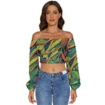 Outdoors Night Setting Scene Forest Woods Light Moonlight Nature Wilderness Leaves Branches Abstract Long Sleeve Crinkled Weave Crop Top