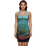 Boat Canoe Swamp Bayou Roots Moss Log Nature Scene Landscape Water Lake Setting Abandoned Rowboat Fi Sleeveless Wide Square Neckline Ruched Bodycon Dress