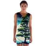 Pine Moon Tree Landscape Nature Scene Stars Setting Night Midnight Full Moon Wrap Front Bodycon Dress