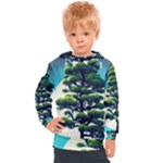 Pine Moon Tree Landscape Nature Scene Stars Setting Night Midnight Full Moon Kids  Hooded Pullover