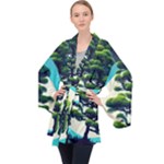 Pine Moon Tree Landscape Nature Scene Stars Setting Night Midnight Full Moon Long Sleeve Velvet Kimono 