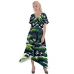 Pine Moon Tree Landscape Nature Scene Stars Setting Night Midnight Full Moon Cross Front Sharkbite Hem Maxi Dress