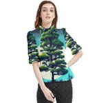 Pine Moon Tree Landscape Nature Scene Stars Setting Night Midnight Full Moon Frill Neck Blouse