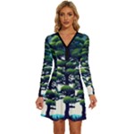 Pine Moon Tree Landscape Nature Scene Stars Setting Night Midnight Full Moon Long Sleeve Deep V Mini Dress 