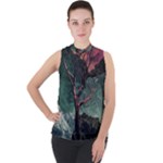 Night Sky Nature Tree Night Landscape Forest Galaxy Fantasy Dark Sky Planet Mock Neck Chiffon Sleeveless Top