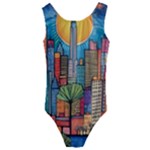 City New York Nyc Skyscraper Skyline Downtown Night Business Urban Travel Landmark Building Architec Kids  Cut-Out Back One Piece Swimsuit