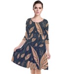 Background Pattern Leaves Texture Quarter Sleeve Waist Band Dress