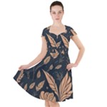 Background Pattern Leaves Texture Cap Sleeve Midi Dress