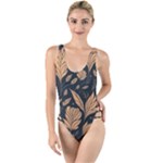 Background Pattern Leaves Texture High Leg Strappy Swimsuit