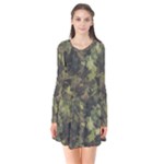 Green Camouflage Military Army Pattern Long Sleeve V-neck Flare Dress