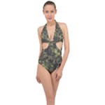 Green Camouflage Military Army Pattern Halter Front Plunge Swimsuit