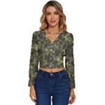 Green Camouflage Military Army Pattern Long Sleeve V-Neck Top