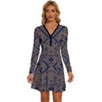 Pattern Seamless Antique Luxury Long Sleeve Deep V Mini Dress 