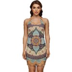 Mandala Floral Decorative Flower Sleeveless Wide Square Neckline Ruched Bodycon Dress