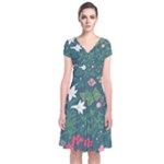 Spring small flowers Short Sleeve Front Wrap Dress