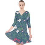 Spring small flowers Quarter Sleeve Front Wrap Dress