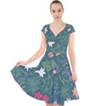 Spring small flowers Cap Sleeve Front Wrap Midi Dress