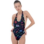 New Year Christmas Background Backless Halter One Piece Swimsuit