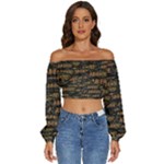 Abierto neon lettes over glass motif pattern Long Sleeve Crinkled Weave Crop Top