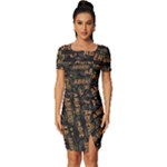 Abierto neon lettes over glass motif pattern Fitted Knot Split End Bodycon Dress