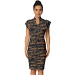 Abierto neon lettes over glass motif pattern Vintage Frill Sleeve V-Neck Bodycon Dress