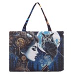 Steampunk Woman With Owl 2 Steampunk Woman With Owl Woman With Owl Strap Zipper Medium Tote Bag