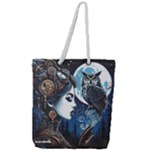 Steampunk Woman With Owl 2 Steampunk Woman With Owl Woman With Owl Strap Full Print Rope Handle Tote (Large)