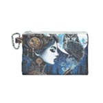 Steampunk Woman With Owl 2 Steampunk Woman With Owl Woman With Owl Strap Canvas Cosmetic Bag (Small)