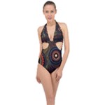 Abstract Geometric Pattern Halter Front Plunge Swimsuit